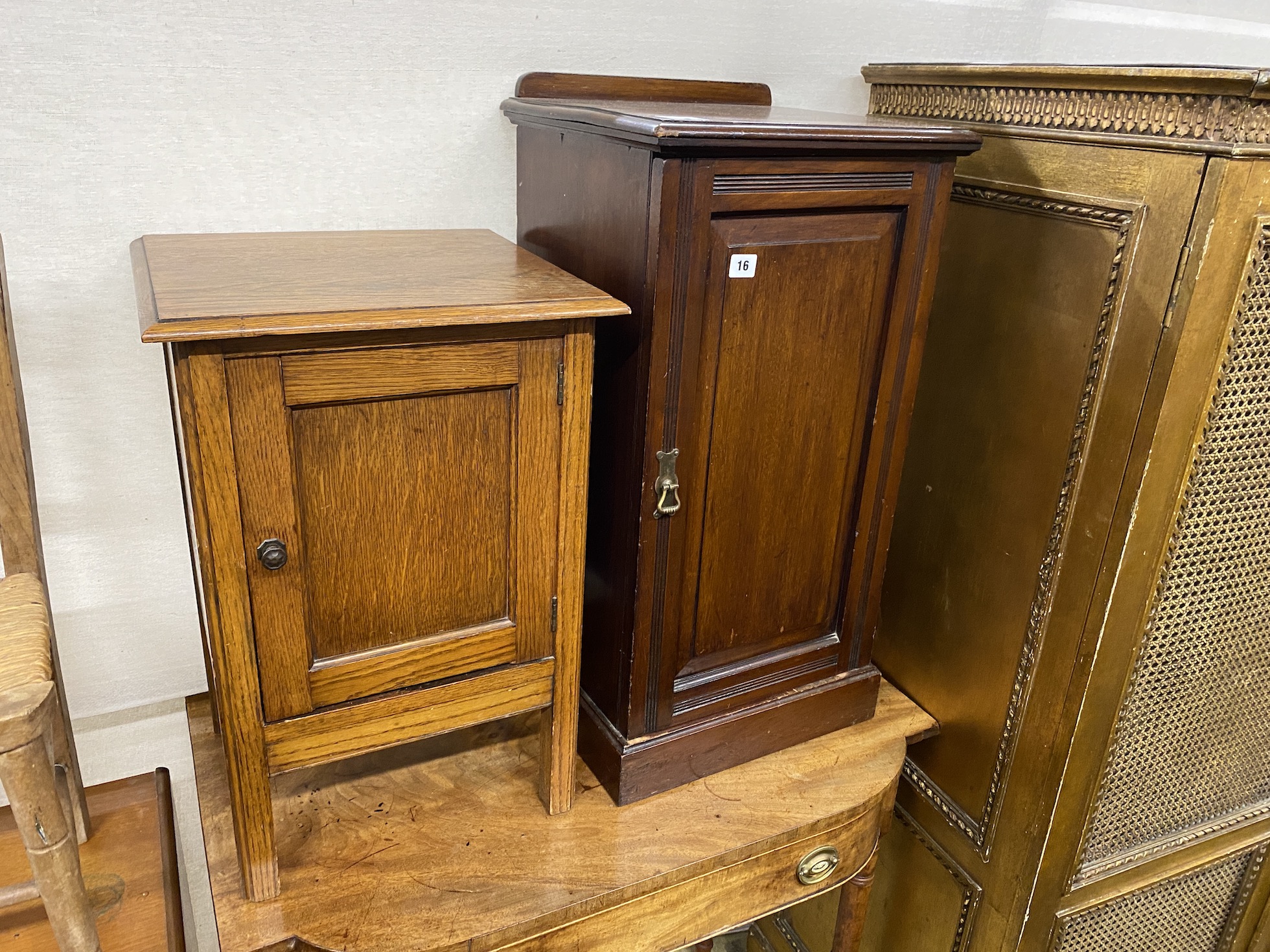 A late Victorian mahogany bedside cabinet, height 78cm, a later oak cabinet and a rush seat child's chair